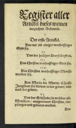 Register aller Artickel dieses meinen verzeichneten Bekentnis.