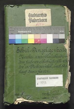 Schulangelegenheiten: Neubau eines Schulgebäudes in dem früheren Schafmeisterschen Garten im Diebeswinkel, Ankauf des Gartens