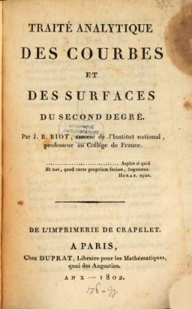 Traité analytique des courbes et des surfaces du second degré