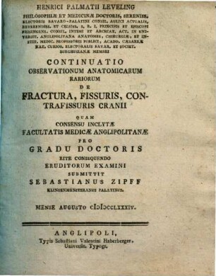 Continuatio observationum anatomicarum rariorum de fractura, fissuris, contrafissuris cranii ...