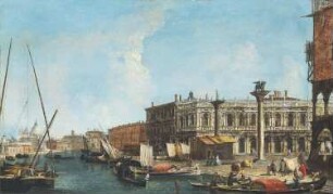 Einfahrt zum Canal Grande in Venedig mit der Piazetta und der Libreria Marciana rechts, der Dogana und Santa Maria della Salute links