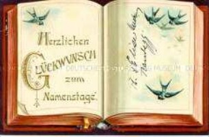 Glückwunschkarte zum Namenstag mit aufgeschlagenem Buch