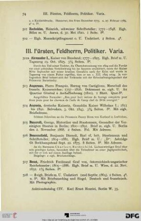 III. Fürsten, Feldherrn, Politiker. Varia (Nr. 502a-603)