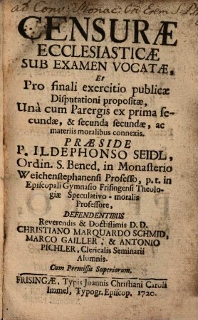 Censurae ecclesiasticae sub examen vocatae