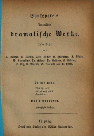 Shakspere's sämmtliche dramatische Werke : Uebersetzt von A. Böttger, H. Döring, Alex. Fischer ..., 3