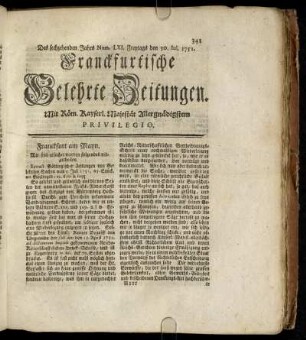 Num. LXI. Freytags den 30. Jul. 1751 - Num. LXX. Dienstags den 31. August. 1751