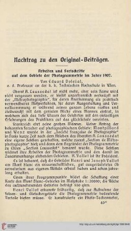 22: Arbeiten und Fortschritte auf dem Gebiete der Photogrammetrie im Jahre 1907