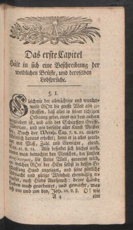 Das erste Capitel Hält in sich eine Beschreibung der weiblichen Brüste, und deroselben Lobsprüche