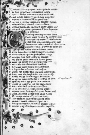 Textseite mit Initiale und Schmuckleiste, fol. 79r, : Ovidii metamorphoseon libri XV., Textseite mit Initiale und Schmuckleiste, fol. 79r, Italien, 14. Jh. Pergament, Wasserfarben, Blattgold, Tinte; 24 x 16,2 cm (Blattgröße). Dresden: SLUB Mscr.Dresd.Dc.144