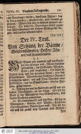 Der IV. Titul. Von Setzung der Bäume Weydenstämmen, Hecken, Zäunen und Kammerladen