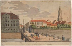 Das Seetor in Dresden kurz vor dessen Demolierung 1812, Blick nach Norden in die Seestraße, links das spätere Ministerium des Inneren, rechts der Turm der Kreuzkirche
