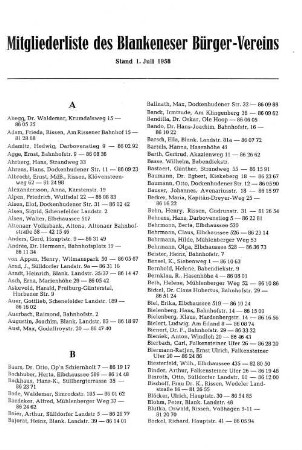 Mitgliederliste des Blankeneser Bürger-Vereins : Stand 1. Juli 1958