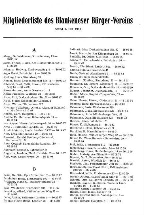Mitgliederliste des Blankeneser Bürger-Vereins : Stand 1. Juli 1958