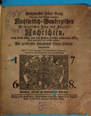 Hochfürstlich-Bambergische wochentliche Frag- und Anzeigenachrichten. 1768 = Jg. 15