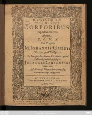 Disputatio XIV. De Corporibus Imperfecte mixtis