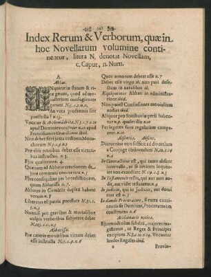 Index Rerum & Verborum, quae in hoc Novellarum volumine continentur, litera N. denotat Novellam, c. Caput, n. Num.