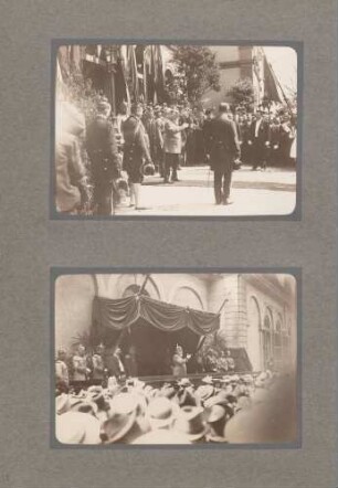 oben: Großherzog Friedrich I. von Baden bei der Begrüßung von Honoratioren in Badenweiler (?) unten: Großherzog Friedrich I. von Baden auf einer Bühne in (?)