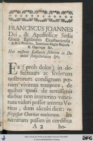 Franciscus Joannes Dei, et Apostolicae Sedis Gratia Episcopus Constantiensis ...