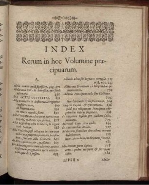 Index Rerum in hoc Volumine præcipuarum.