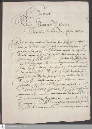 Auszug aus Brief von Heinrich Wilhelm Ludolf an Hiob Ludolf.