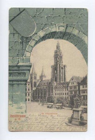 "St. Kilianskirche" - Marktplatz und Außenansicht der Kilianskirche von Nordwesten und den Häusern Kaiserstraße 32 und 34, mit Robert-Mayer-Denkmal