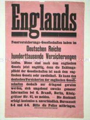 Werbeflugblatt mit einem Aufruf an bei englischen Gesellschaften versicherten Deutschen
