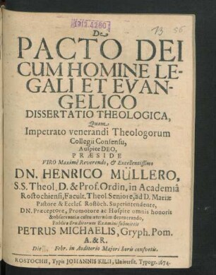 De Pacto Dei Cum Homine Legali Et Evangelico Dissertatio Theologica