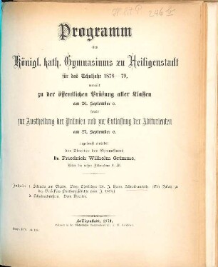Programm des Königl. Kath. Gymnasiums zu Heiligenstadt : für das Jahr ..., 1878/79