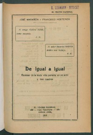 1918002800: De igual a igual : escenas de la mala vida porteña en un acto y tres cuadros