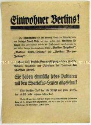 Protest der Mitarbeiter des Mosse-Verlages gegen dessen Besetzung im Zuge des Januaraufstandes 1919