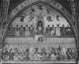 Theologisches Bildprogramm — Westwand: die sieben theologischen Wissenschaften und die sieben artes liberales; darüber Thomas von Aquin, umgeben von Propheten, Evangelisten und Kirchenvätern, über ihm die sieben Tugenden