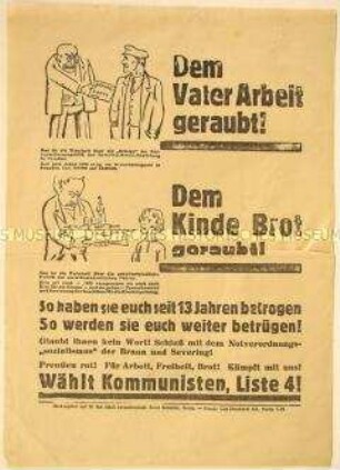 Programmatischer Wahlaufruf der Kommunistischen Partei Deutschlands gegen den "Notverordnungssozialismus" der Regierung Braun und Severing