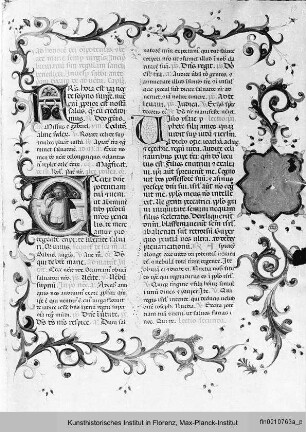 Breviarium : Buchseite mit Randbordüre, Text, ornamentierten Initialen und historisierter Initiale E mit der Darstellung Gottvaters