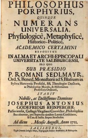 Philosophus Porphyrius, Quinque Numerans Universalia, Physiologicè, Metaphysicè, Historico-Politicè