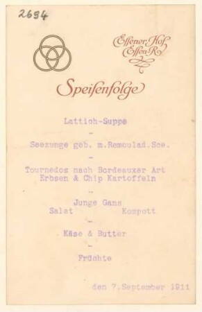 Menükarte : Menü, Essener Hof