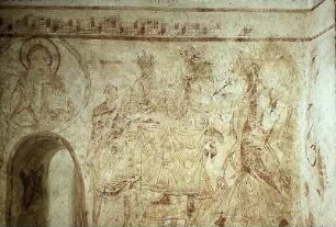 Wandbild: Szenen aus dem Leben Johannes des Täufers, in der Mitte Christus in Tondo
