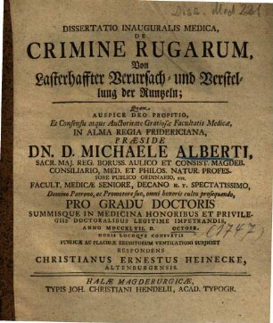 Dissertatio Inauguralis Medica, De Crimine Rugarum : = Von Lasterhaffter Verursach- und Verstellung der Runtzeln