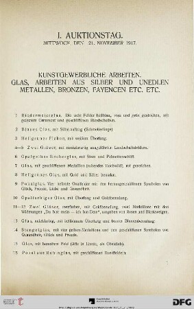 I. Auktionstag. Mittwoch, den 21. November 1917