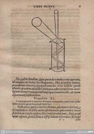Propositio XI. Lucem igneam in materia flammea radiantem, maiorem nocte quam die, longe quam prope apparere.