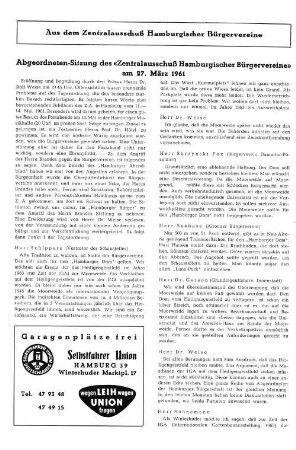 Abgeordneten-Sitzung des "Zentralausschuß Hamburgischer Bürgervereine" am 27. März 1961