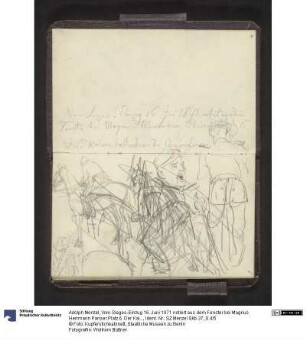 Vom Sieges-Einzug 16. Juni 1871 notiert aus dem Fenster bei Magnus Herrmann Pariser Platz 6. Der Kaiser haltend vor den Ehrenjungfrauen.