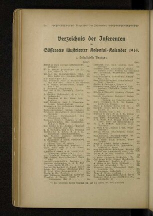 Verzeichnis der Inserenten in Süsserotts illustrierter Kolonial-Kalender 1914.