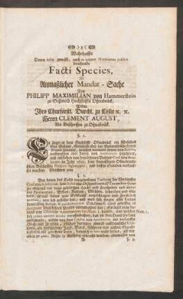 Wahrhaffte Denen Actis gemässe, auch in ipsamet Notorietate publica beruhende Facti Species, ...