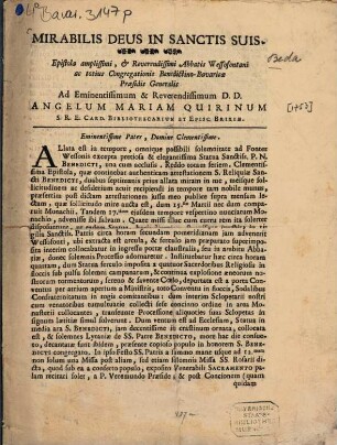 Epistola amplissimi, & Reverendissimi Abbatis Wessofontani ac totius Congregationis Benedictino-Bavaricæ Præsidis Generalis Ad Eminentissimum & Reverendissimum D.D. Angelum Mariam Quirinum S.R.E. Card. Bibliothecarium Et Episc. Brixiæ