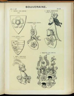 Taf. 88. 1. Otto I. Graf v. Eberstein 1270. - 2. Wilhelm III. Graf v. Ebertsein. 1427. - 3. Grafen v. Eberstein n.d. W.-B. v.d. Ersten - 4. Graf zu Eberstein. nach dem Puchberg'schen W.-B. - 5. Philipp III. Graf v. Eberstein 1604. - 6. Graf Conrad v. Everstene in Niedersachsen 1257.