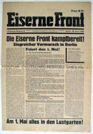 Wochenzeitung der Eisernen Front zur Vorbereitung der Kundgebungen und Feiern zum 1. Mai