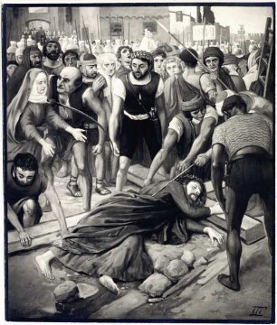 III. Station: Jesus fällt zum ersten Mal unter dem Kreuz : Stationen des Kreuzweges Jesu (für die Kirche in Schönbrunn im Steigerwald). III. Station: Jesus fällt zum ersten Mal unter dem Kreuz. Gemälde (1928; M. Molitor)
