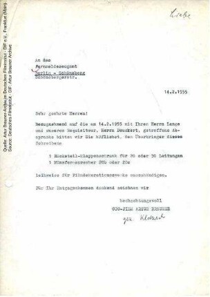 Brief von CCC an Fernmeldezeugamt Berlin-Schöneberg, 14.02.1955