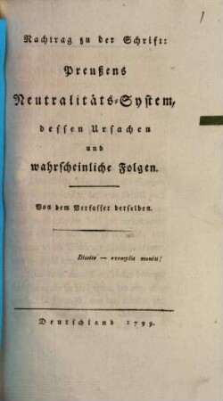 Nachtrag zu der Schrift Preußens Neutralitäts-System