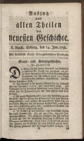 II. Nachl. Coburg, den 14. Jan. 1758.